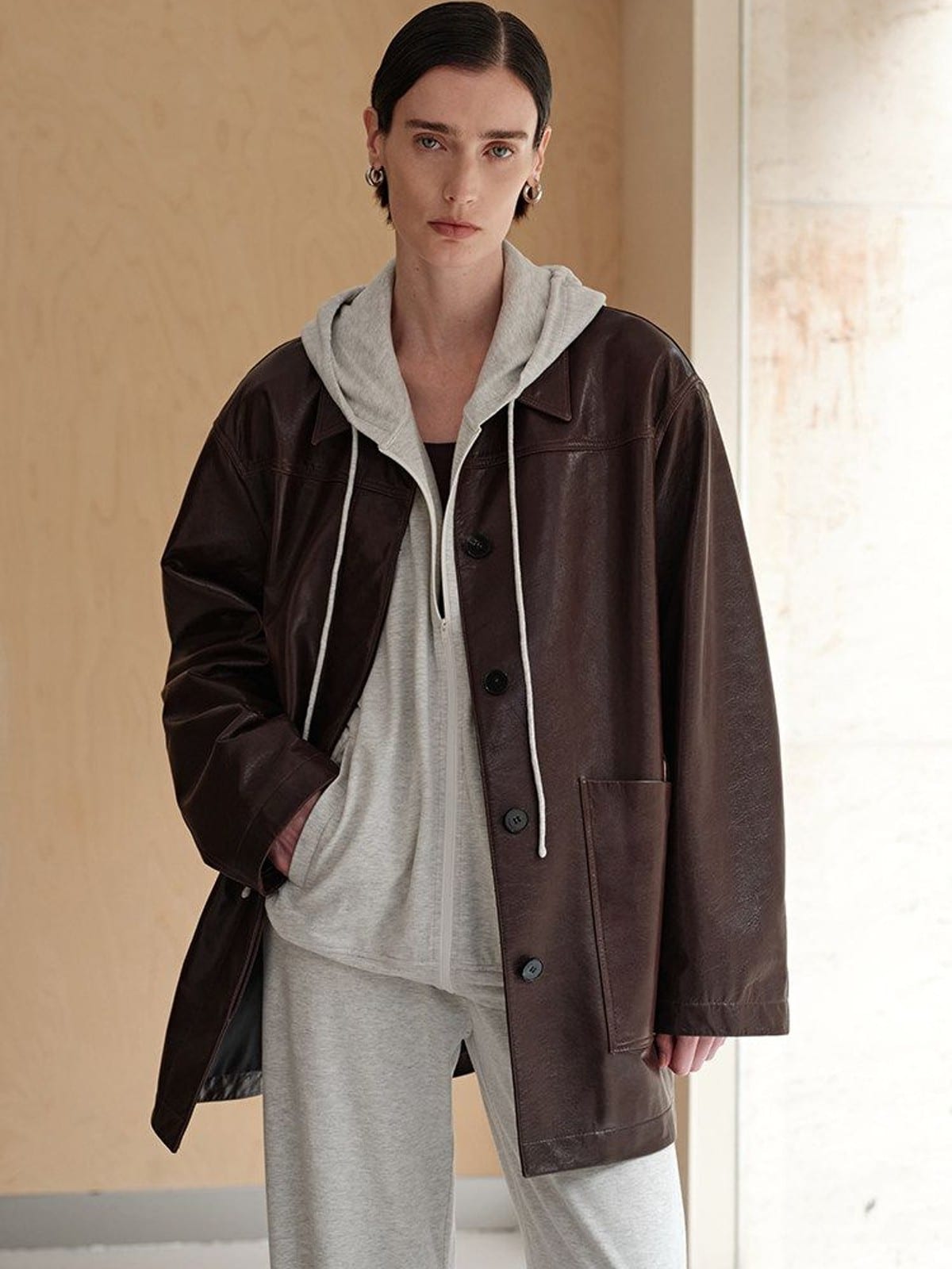 MSBEAST Mid Length Sheepskin Leather Jacket in Brown - On Female Model