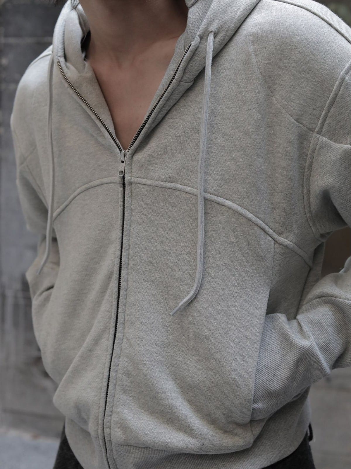 JCAESAR STUDIO Paneled Zip Up Glove Hoodie in Gray - On Model