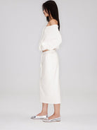 RARELY ALIKE Cotton Side Slit Midi Skirt in White - On Female Model