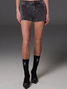 SMFK Stretch Cotton Denim Shorts in Gray - On Female Model