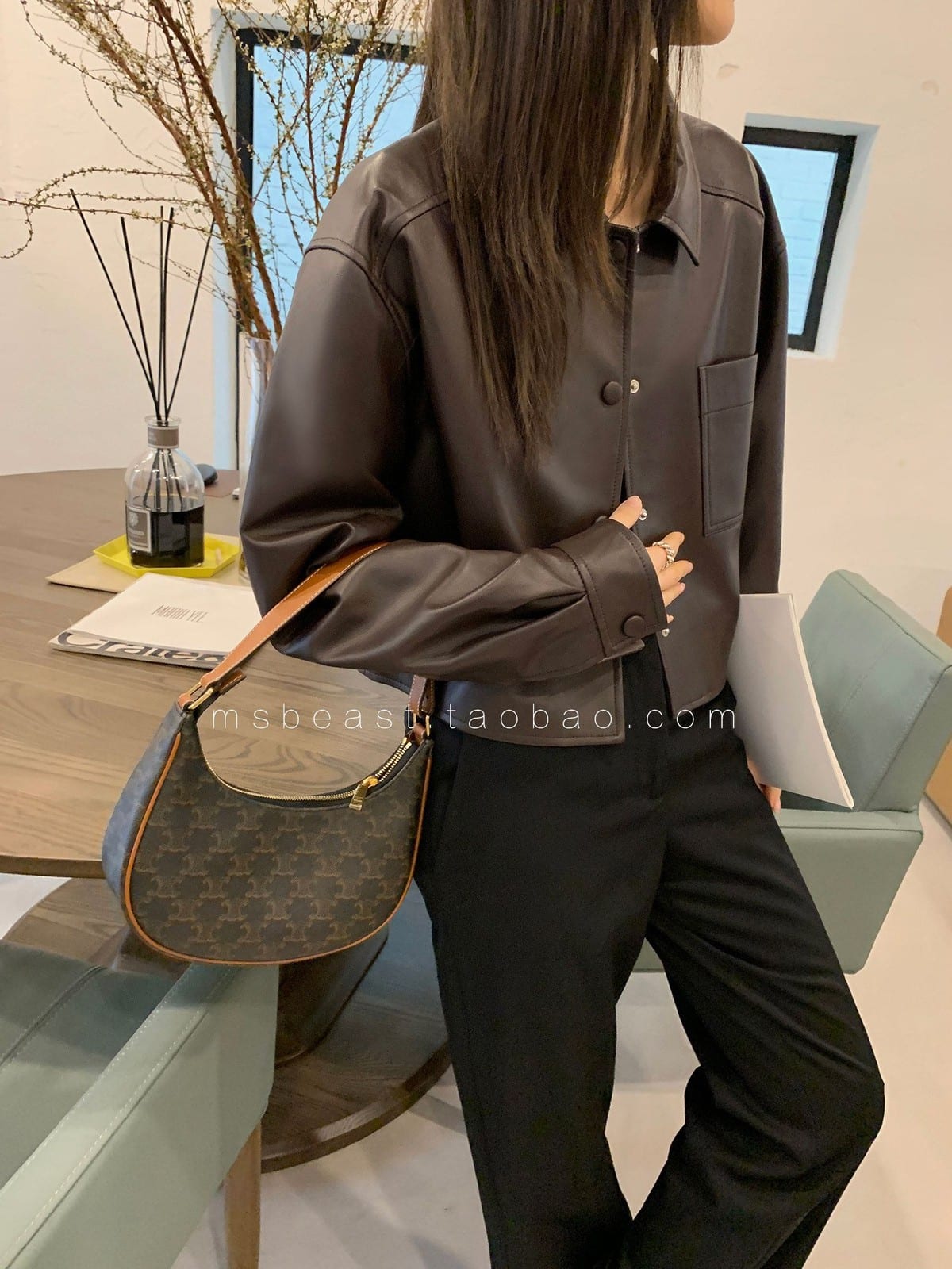 MSBEAST Cropped Sheepskin Leather Shirt Jacket in Brown - On Female Model