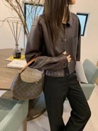 MSBEAST Cropped Sheepskin Leather Shirt Jacket in Brown - On Female Model