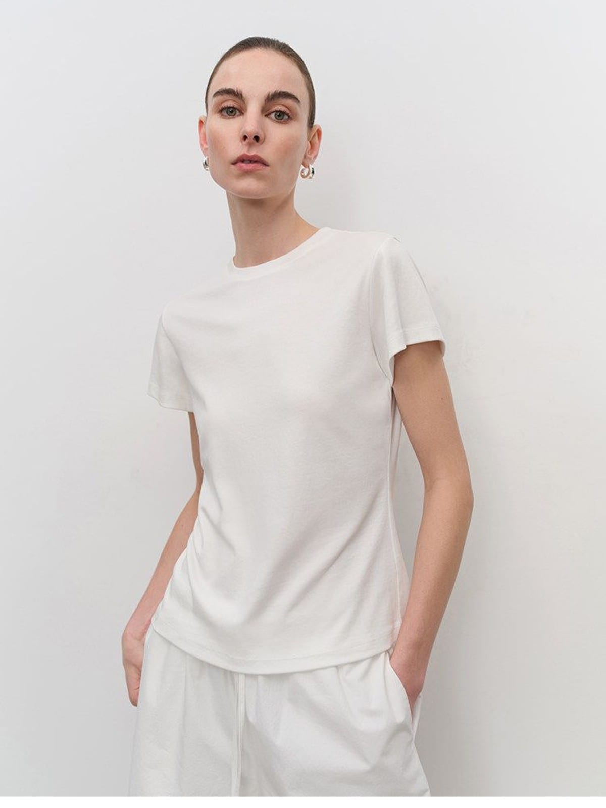 MSBEAST Acetate Cotton Flutter Sleeve T Shirt in White - On Female Model