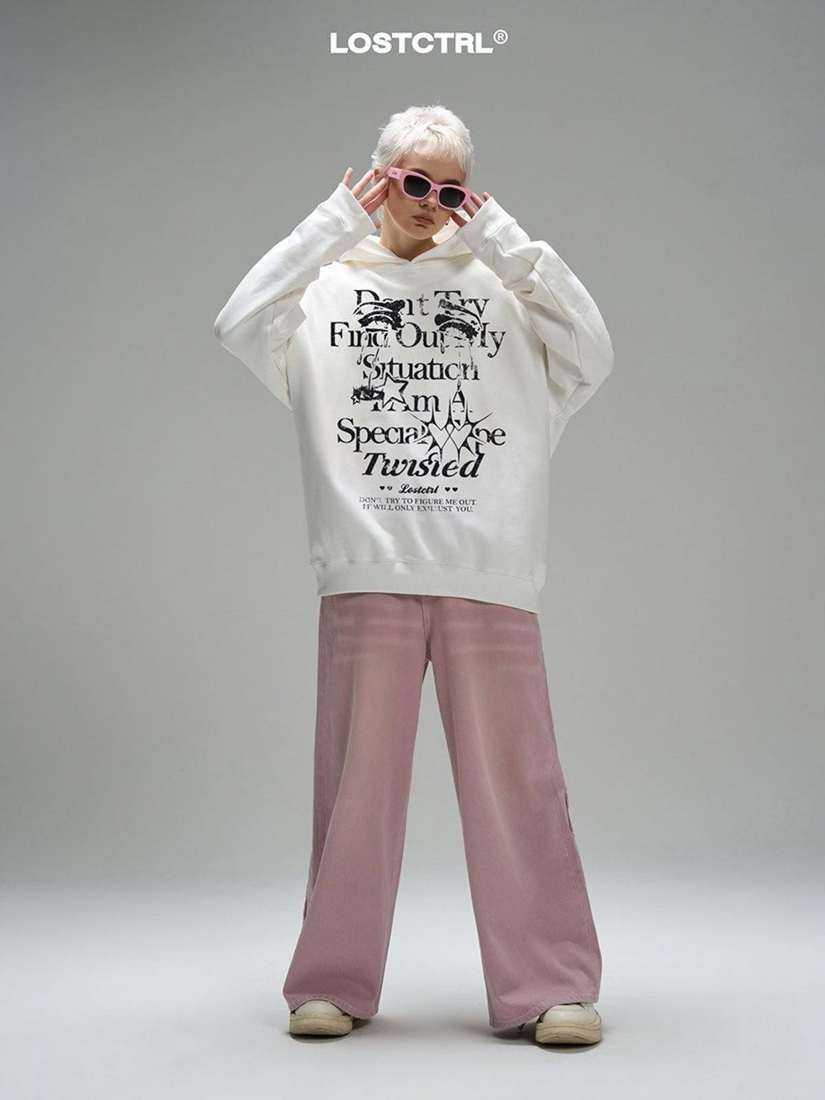 LOSTCTRL Graphic Print Fleece Hoodie in White - On Female Model