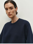 MSBEAST Fleece Lined Cotton Sweatshirt Pants Set in Navy Blue - On Female Model