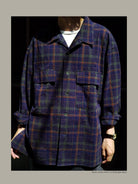 USAGE Washed Crinkle Plaid Open Collar Shirt in Navy Blue - On Male Model