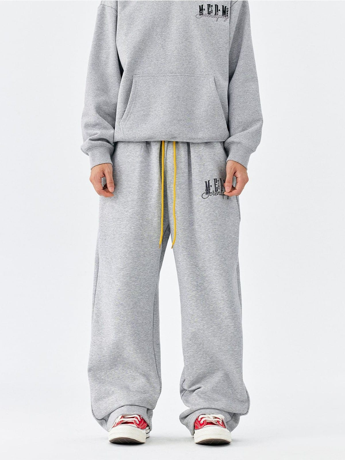 MEDM Fleece Lined Embroidered Sweatpants in Gray - On Model