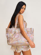 SMFK Distressed Denim Chain Tote Bag in Dreamland - On Female Model
