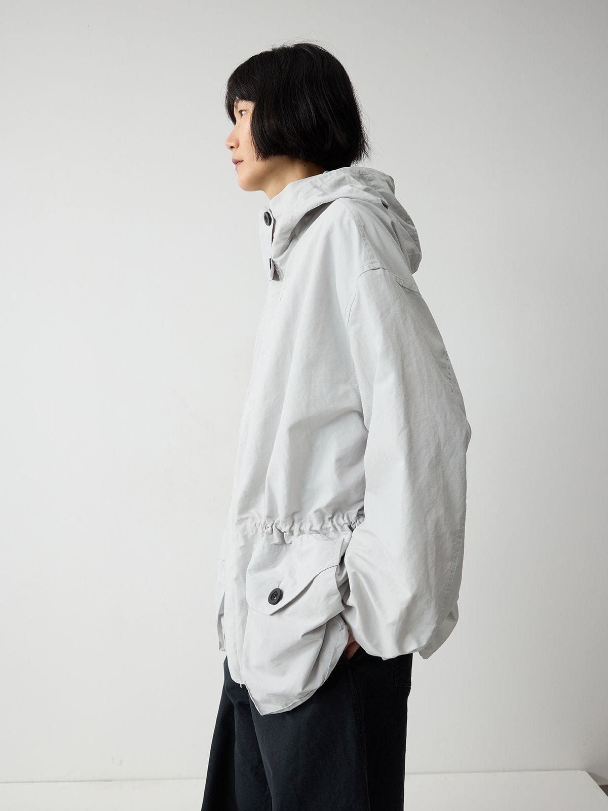 Random Piece Cotton Blend Drawstring Cargo Jacket in Gray - On Female Model