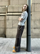VLABMADE Resin Crinkled Micro Flare Jeans in Gray - On Male Model
