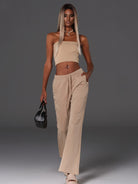 SMFK Cotton Blend Flared Sweatpants in Beige - On Female Model