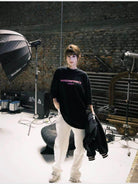 MASONPRINCE Blurred Graphic Cotton T Shirt in Black - On Female Model