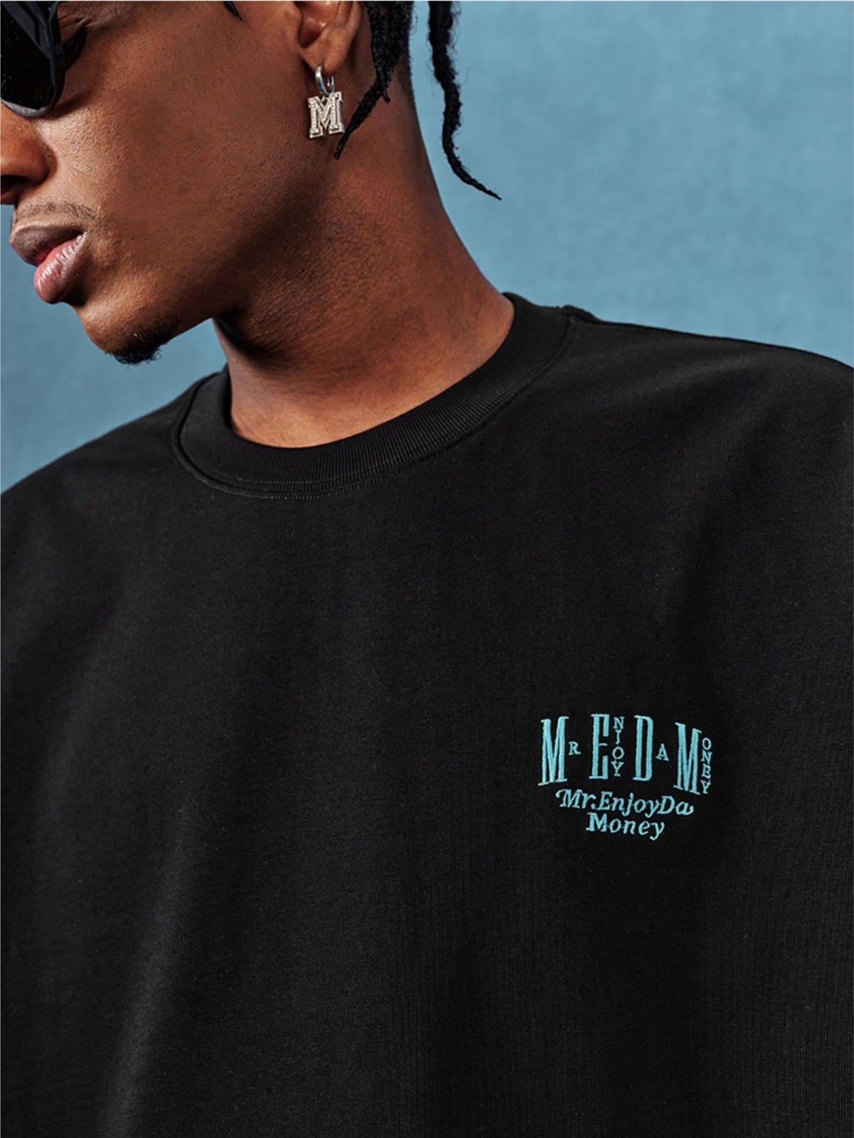 MEDM Letter Embroidery Cotton T Shirt in Black - On Male Model