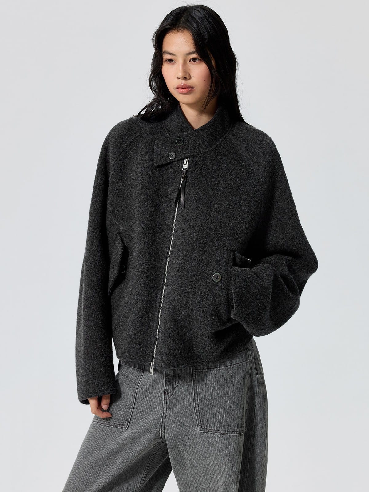SIMPLE PROJECT Double Faced Wool Harrington Jacket in Gray - On Female Model