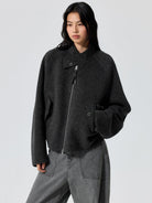 SIMPLE PROJECT Double Faced Wool Harrington Jacket in Gray - On Female Model
