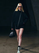 SMFK Asymmetric Zip Cotton Track Jacket in Black - On Female Model