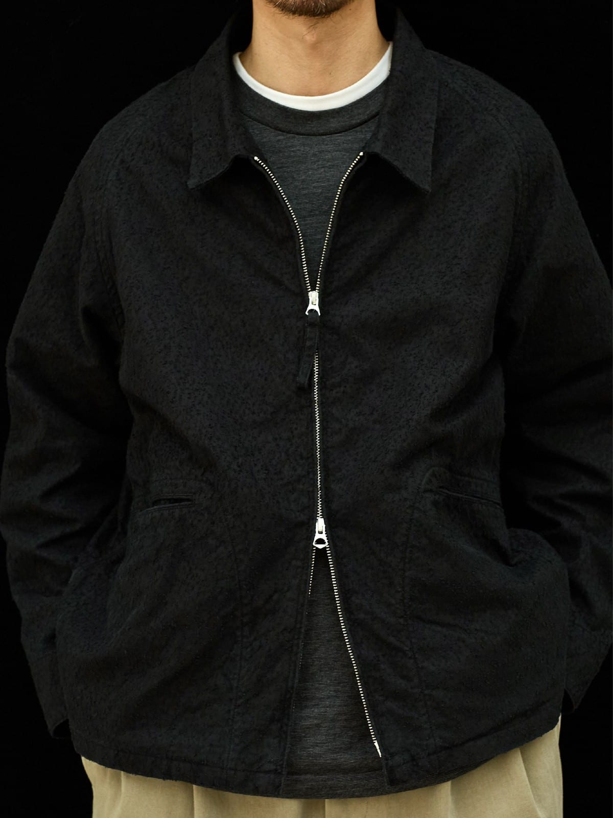 USAGE Textured Nep Blouson Jacket in Black - On Male Model