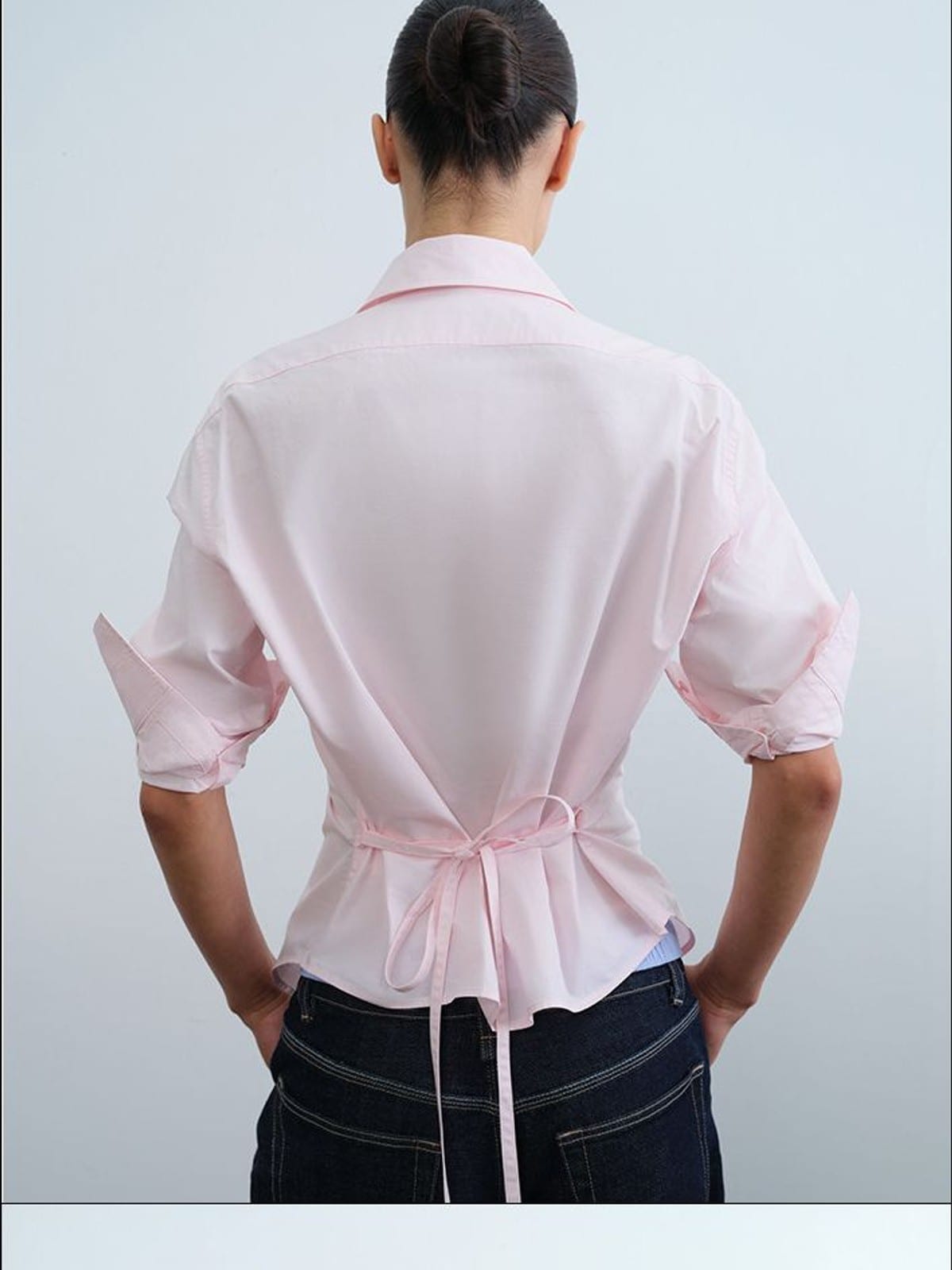 RARELY ALIKE Two Way Tie Waist Cotton Shirt in Pink - On Model