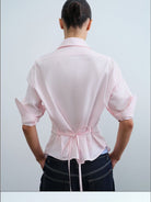 RARELY ALIKE Two Way Tie Waist Cotton Shirt in Pink - On Model