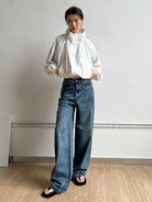 RARELY ALIKE Adjustable Collar Balloon Sports Jacket in White - On Female Model