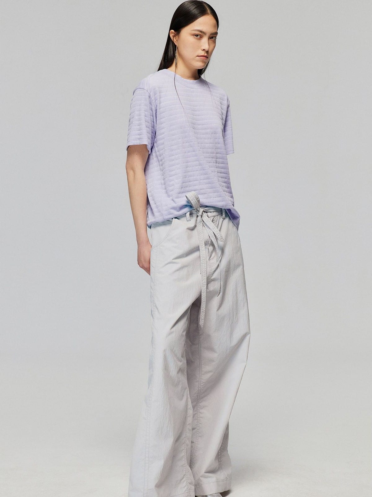 SIMPLE PROJECT Textured Diagonal Paneled T Shirt in Lavender - On Female Model