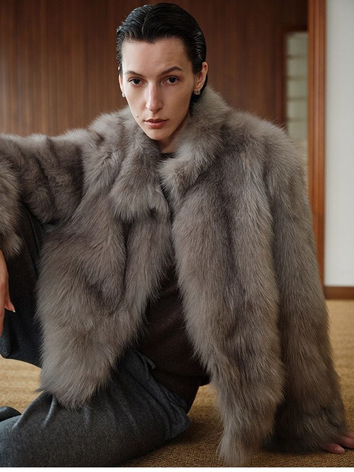 MSBEAST Stand Collar Fox Fur Jacket in Beige - On Female Model