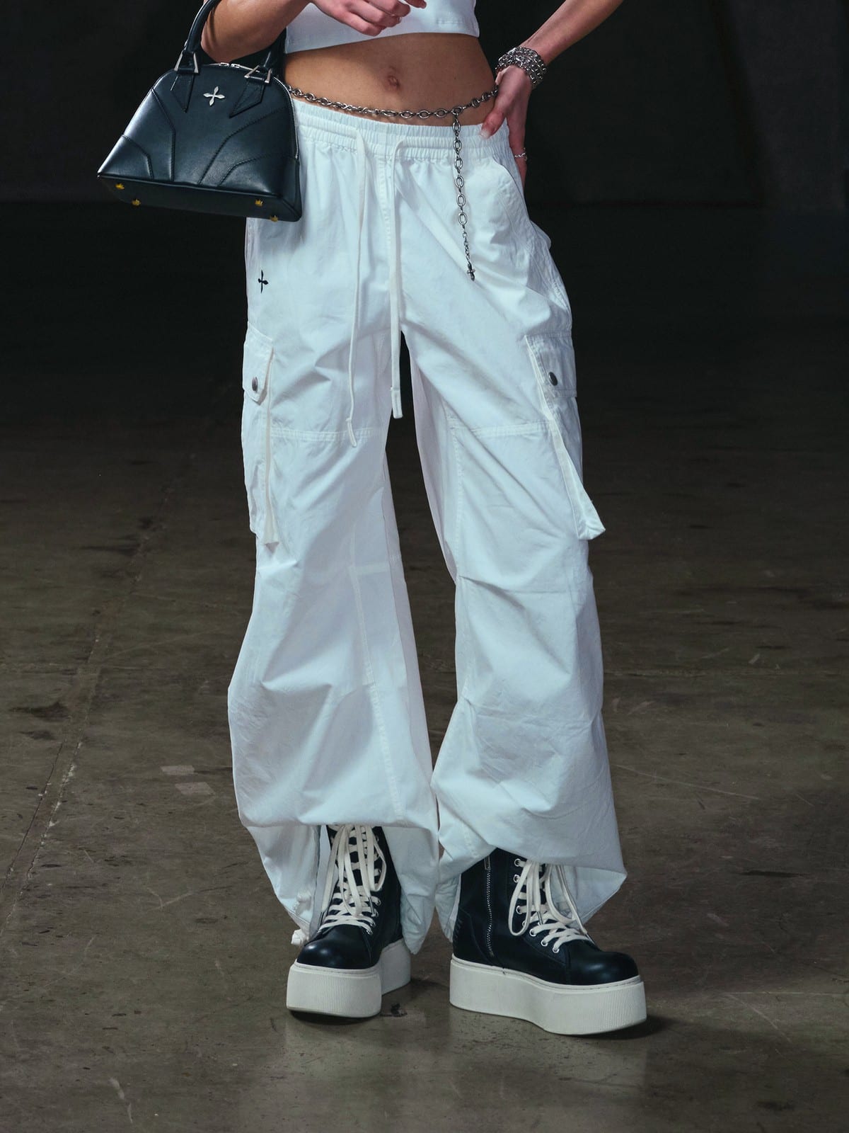 SMFK Garment Dyed Drawstring Cargo Pants in White - On Female Model
