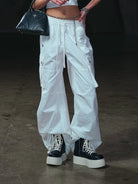 SMFK Garment Dyed Drawstring Cargo Pants in White - On Female Model