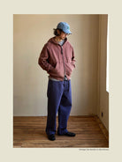 USAGE Vintage Washed Double Layer Zip Hoodie in Burgundy - On Male Model
