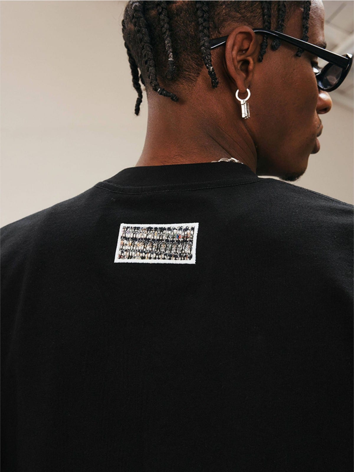 MEDM Pearl Embellished Letter Cotton T Shirt in Black - On Model