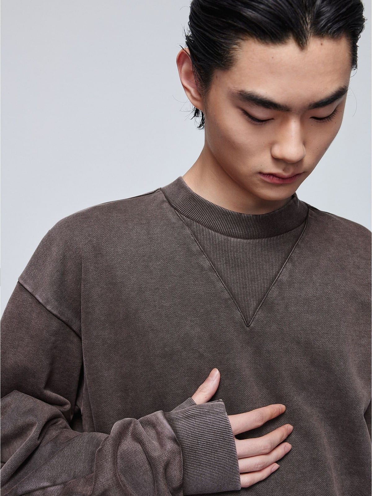 SIMPLE PROJECT Faded Cotton Crewneck Sweatshirt in Gray - On Male Model