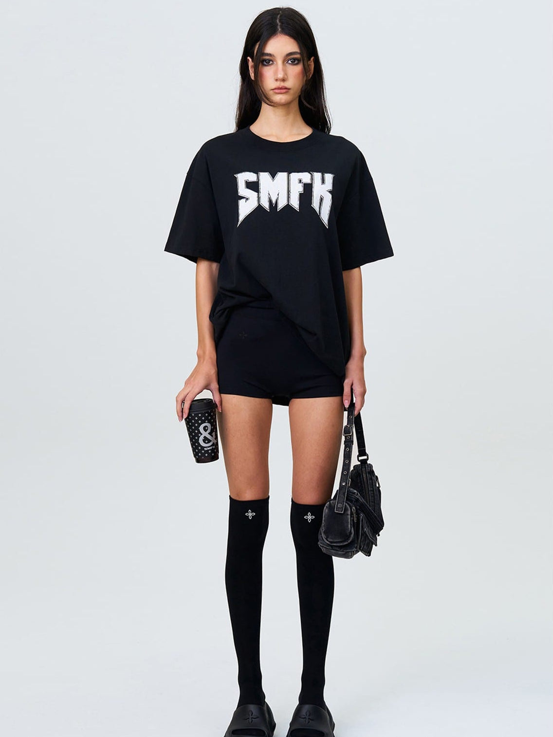 SMFK Metallic Logo Cotton T Shirt in Black - On Female Model