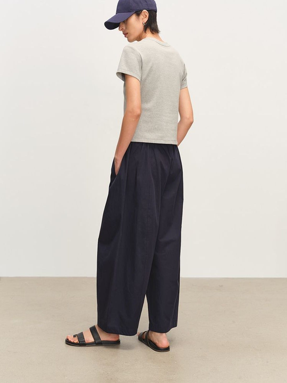 MSBEAST Paper Texture Cotton Balloon Pants in Navy Blue - On Female Model