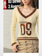 BeerBro Puppy Patch Sheer Knit V Neck in Cream - On Female Model