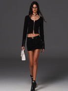 SMFK Ribbed Zip Up Cropped Cardigan in Black - On Female Model