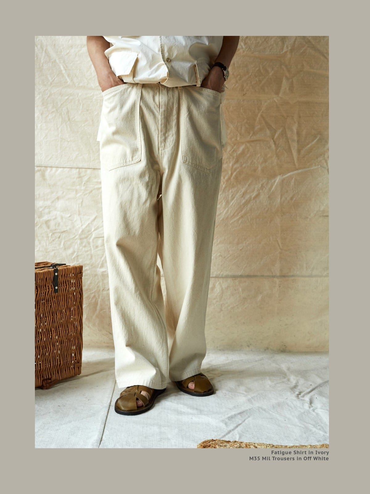 USAGE Vintage Neppy Cotton Straight Leg Jeans in Cream - On Male Model