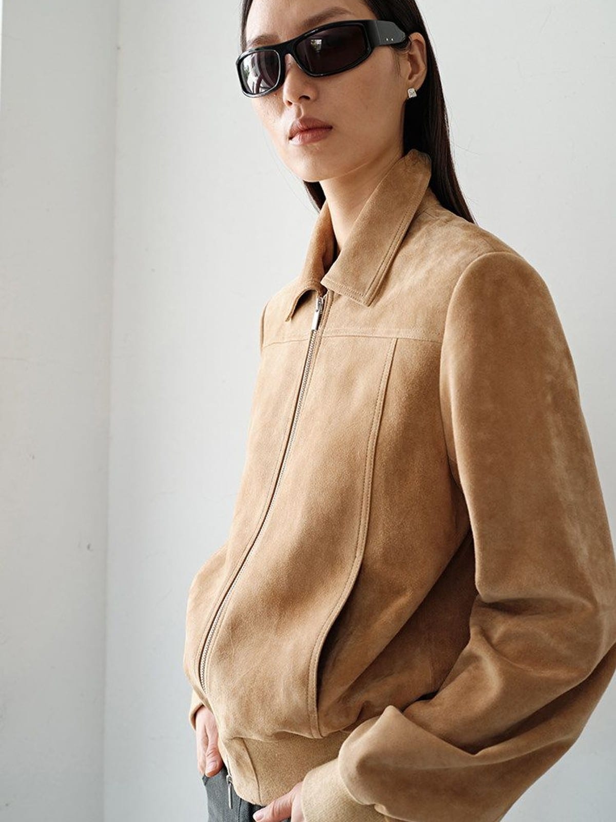 MSBEAST Top Grain Sheepskin Collared Bomber in Beige - On Female Model