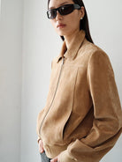 MSBEAST Top Grain Sheepskin Collared Bomber in Beige - On Female Model