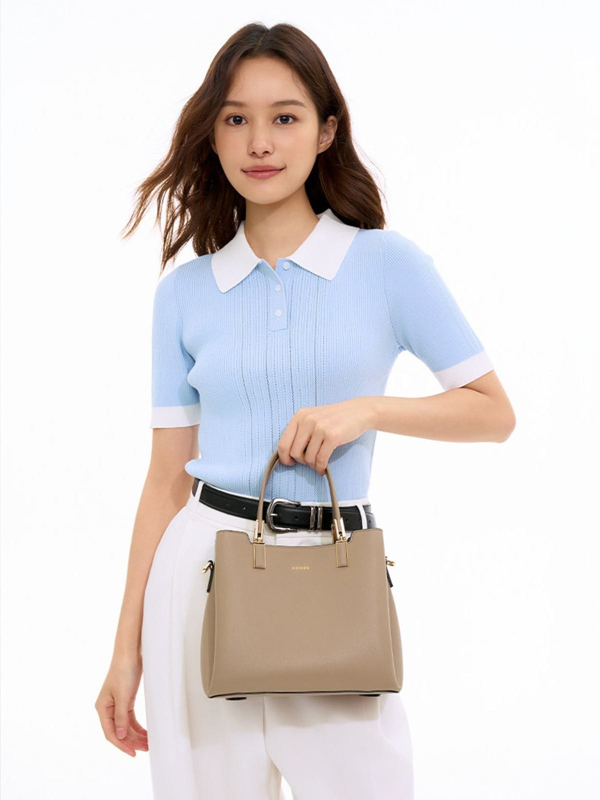 HONGU Split Cowhide Crossbody Handbag in Beige - On Female Model