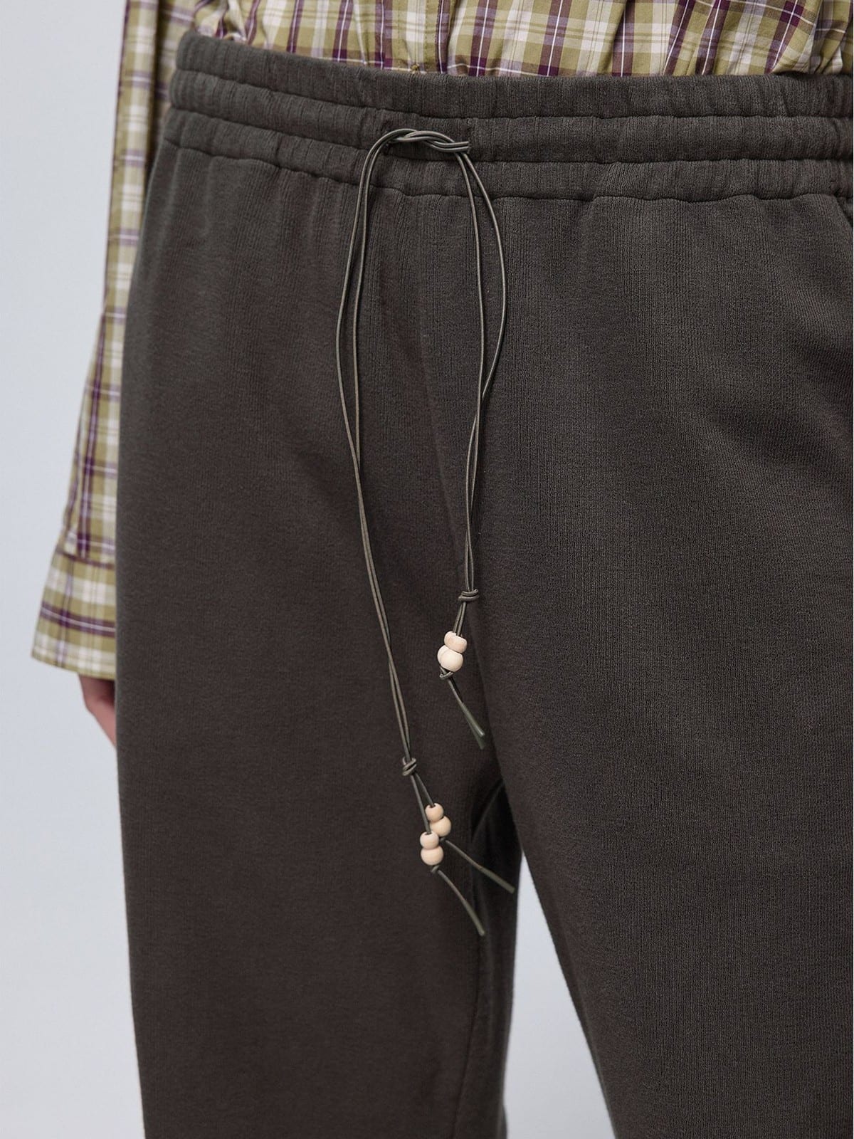 SIMPLE PROJECT Wooden Bead Drawstring Sweatpants in Gray - On Model
