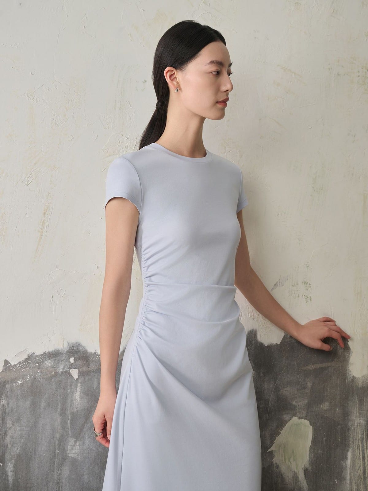 TEASEL Ruched Cotton Blend Knit Dress in Sky Blue - On Female Model