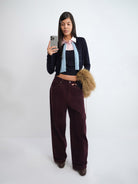 RARELY ALIKE Wool Color Block Layered Cardigan in Navy Blue - On Female Model