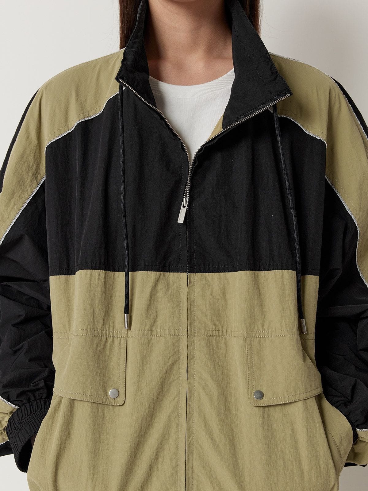 Random Piece Color Block Stand Collar Jacket in Beige - On Female Model