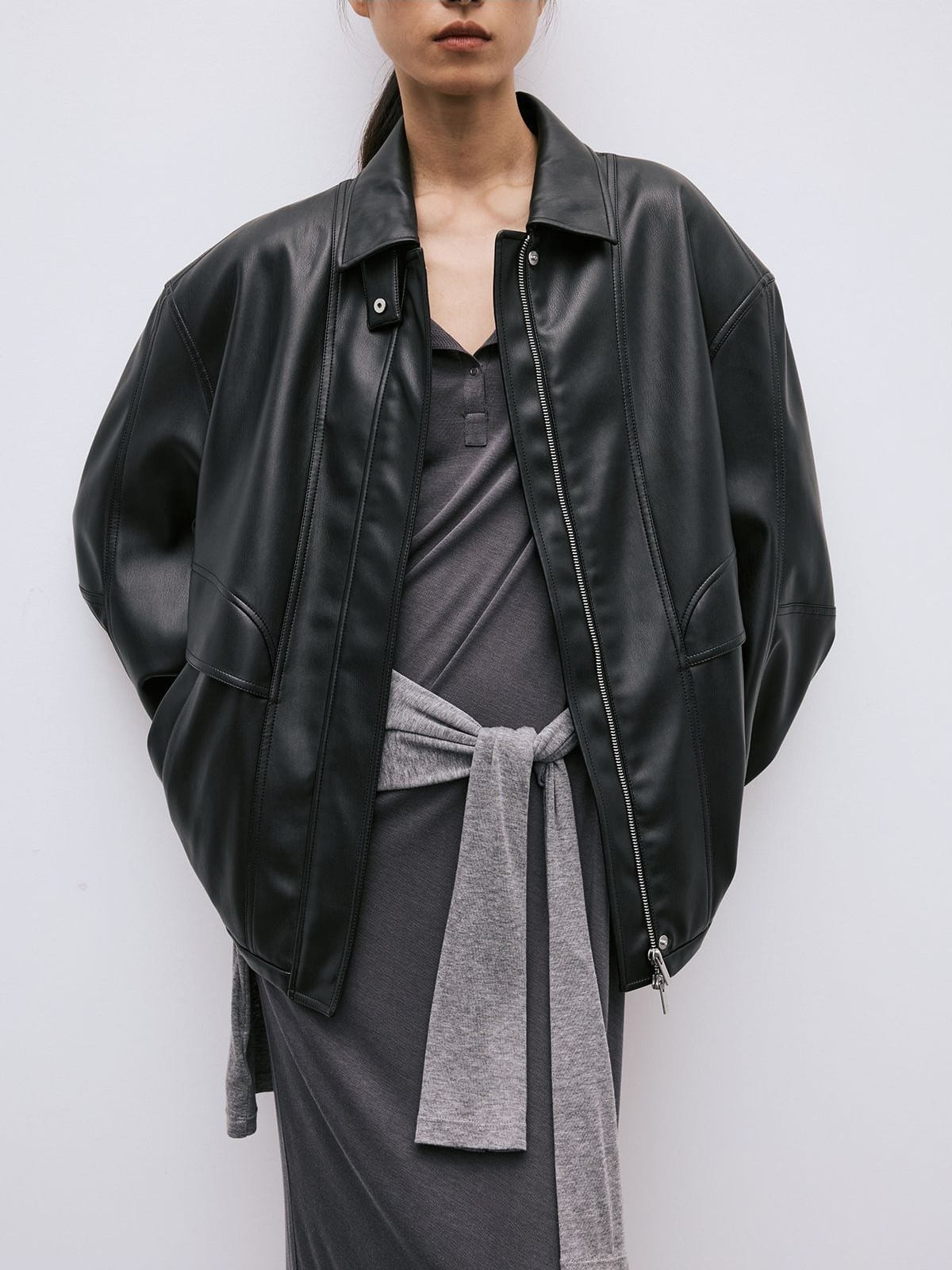 Random Piece Drop Shoulder Matte Faux Leather Jacket in Black - On Female Model