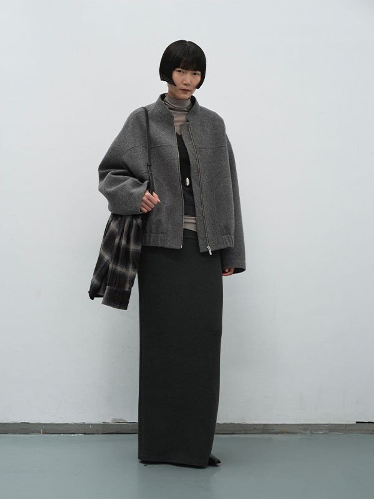 Random Piece Super 110S Wool Bomber Jacket in Gray - On Female Model