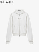 RARELY ALIKE Cinched Waist Logo Zip Up Hoodie in White