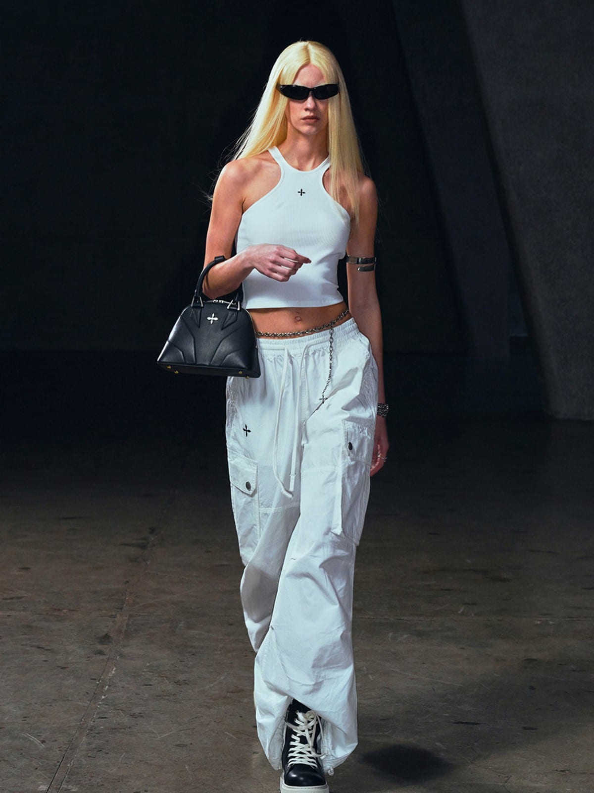 SMFK Garment Dyed Cargo Parachute Pants in White - On Female Model