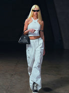 SMFK Garment Dyed Cargo Parachute Pants in White - On Female Model