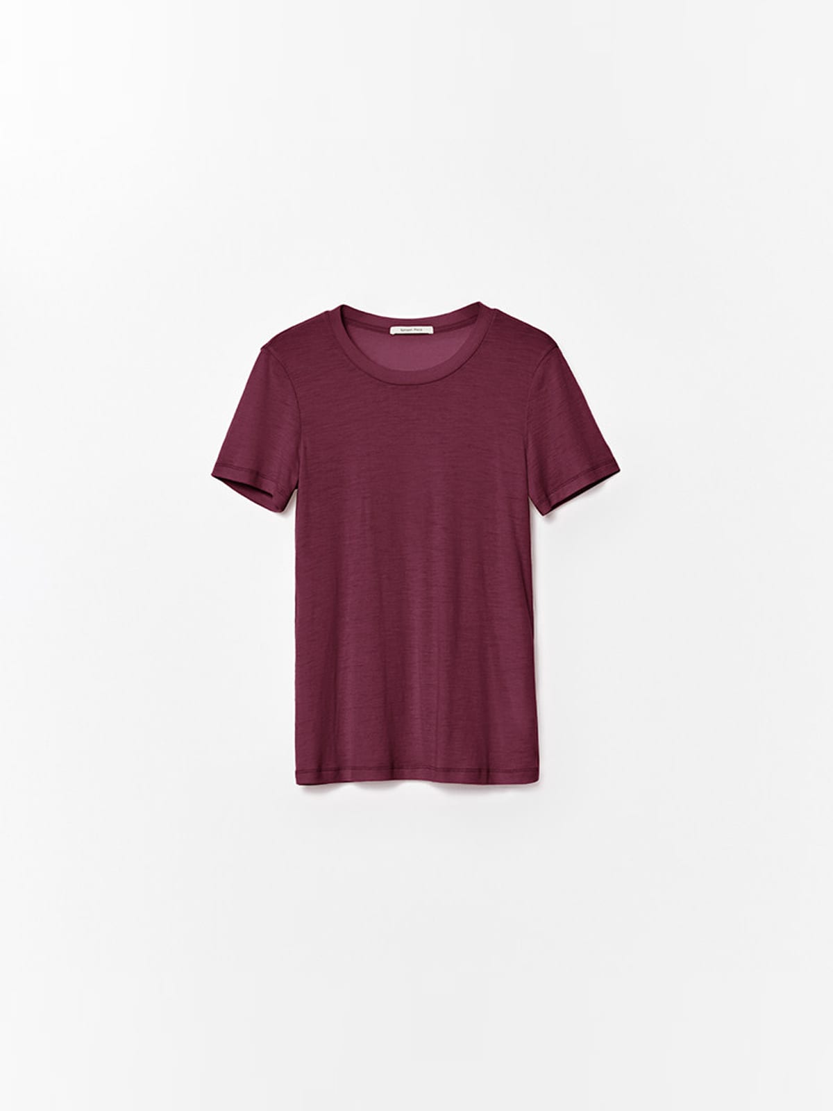 Random Piece Merino Wool U Neck Short Sleeve T Shirt in Burgundy