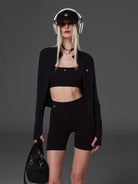 SMFK Cropped Stretch Nylon Track Jacket in Black - On Female Model